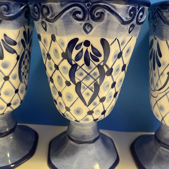 Tabletops Unlimited Hand-Painted Lisbon Blue White Ceramic Footed Goblets - Picture 4 of 10